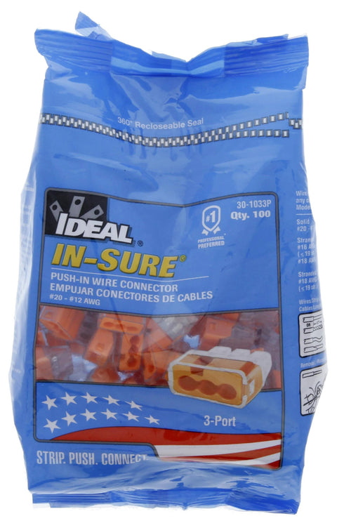 Ideal IN-SURE 3-Port push-in wire connector, color-coded, 100-pack, front view.
