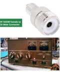 UHF SO239 Female To RCA Male Coax Connector Adapter For Ham Radios And Heathkit Gear Plug And Play RF Coaxial Adapter displayed above vintage radio equipment.