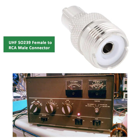 UHF SO239 Female To RCA Male Coax Connector Adapter For Ham Radios And Heathkit Gear Plug And Play RF Coaxial Adapter displayed above vintage radio equipment.