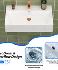 CHIKESI 24"x14" Wall Mount Sink, White Rectangular above view showcasing fast drain and overflow design on green tiled wall.