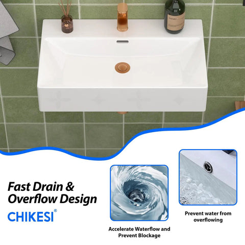 CHIKESI 24"x14" Wall Mount Sink, White Rectangular above view showcasing fast drain and overflow design on green tiled wall.
