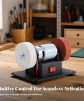 Rock Solid 150W Desktop Electric Grinding Machine Featuring Hella Strong Dual Spin Polisher for steady use, compact design with dual wheels.