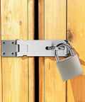 Stainless Steel Padlock Latch 5 Inch Heavy Duty Locking Hasps for Cabinets Closets and Doors with Keyed Lock on wooden gate