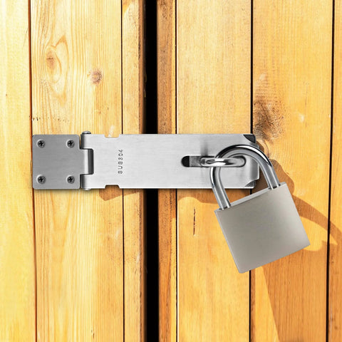 Stainless Steel Padlock Latch 5 Inch Heavy Duty Locking Hasps for Cabinets Closets and Doors with Keyed Lock on wooden gate