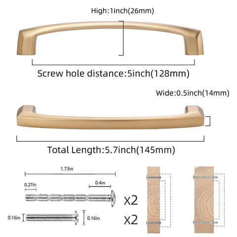 Diagram showing 10 Pack 5 Inch Champagne Bronze Cabinet Handles For Kitchen Cabinets And Furniture Pulls with dimensions and screws
