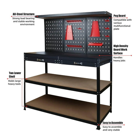 Beast Heavy Duty Workbench With Pegboard And Drawers For Garage And Home Workshop, steel table with shelves and tool organizer.