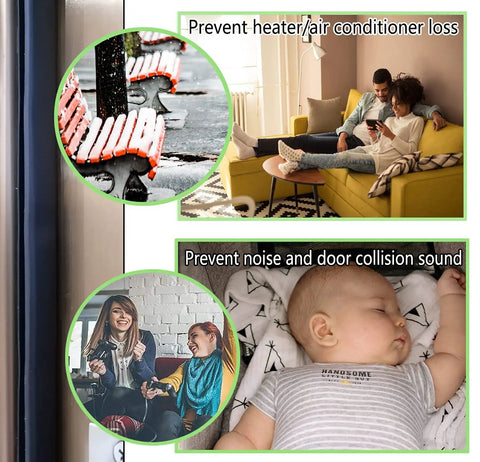 Heavy Duty Rubber Weather Stripping Seal For Doors And Windows; home scenes showing soundproofing and insulation benefits
