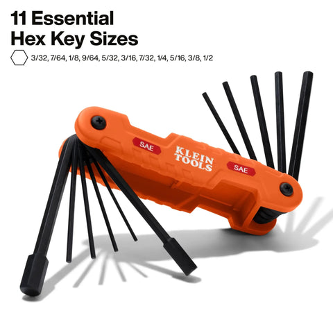 Heavy Duty Folding Hex Key Set With Extra Long Allen Wrenches 11 SAE Sizes From One Half Inch To One Eighth Inch High Leverage Blades