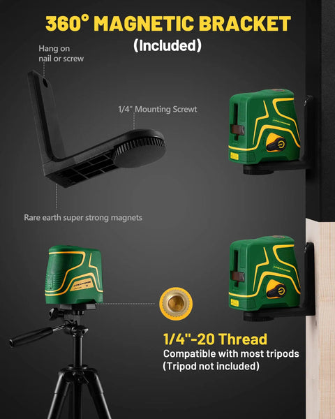 X2 Self Leveling Laser Level With 2.2Ah Rechargeable Battery on tripod, magnetic bracket, threaded mount detail
