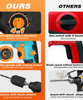 Comparison of Beast 1 Inch SDS Plus Heavy Duty Rotary Hammer Drill 900W with others showing switch functions and drill adapters