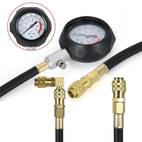 QUNNIE oil pressure tester kit: gauge with 0–140 psi, black hose, brass adapters and fittings