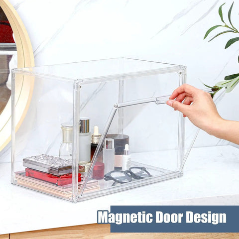 Six Pack Large Clear Acrylic Display Cases With Magnetic Front Door, showcasing cosmetics, 14 x 9 x 10 inches stackable.