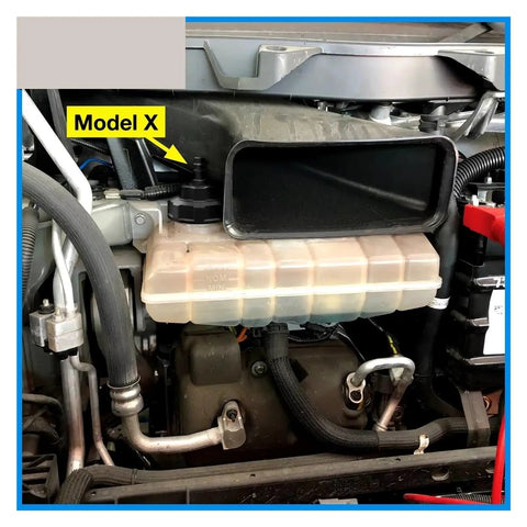 No Sweat Vacuum Coolant Refill Kit Compatible With Tesla Model S X 3 Y view showing Model X coolant reservoir and engine components.