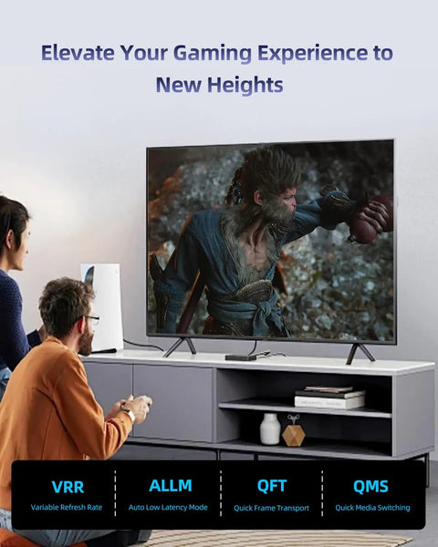 Two gamers enjoying high-quality visuals on a TV connected with Heavy Duty 8K Fiber Optic HDMI Cable 40 Ft High Speed HDMI 2.1.