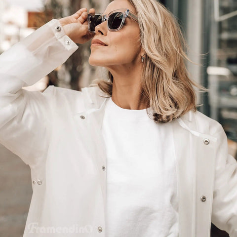 Person wearing transparent raincoat, snapping fasteners, sunglasses, and white shirt outdoors