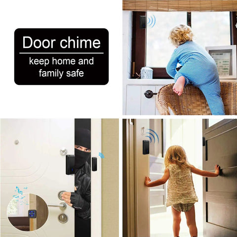 Collage showing Waterproof Wireless Door Alarm With Adjustable Volume Chime For Home Or Business in use on doors and windows.