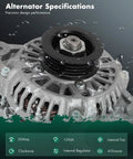 Close-up of 12V 55A Clockwise 4 Groove Alternator Replacement for Chevy Metro, showing front view with specifications overlay.