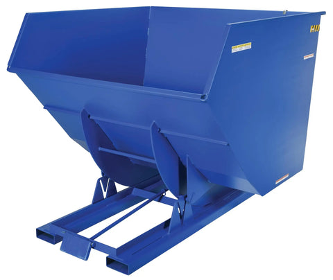 Built Tough Heavy Duty Steel Self Dumping Hopper With Smooth Auto Bump Action For Forklifts 4 Cubic Yard Roll Off Debris Cart angled view.