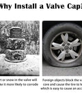 Corroded metal valve stem and blocked tire valve with wheel; emphasizes need for glow in the dark tire valve cap set protection.