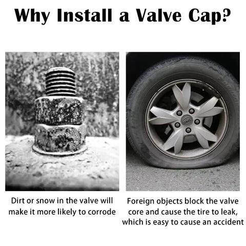 Corroded metal valve stem and blocked tire valve with wheel; emphasizes need for glow in the dark tire valve cap set protection.