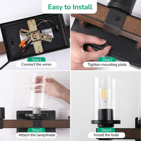Installation steps for Farmhouse Vanity Lights For Bathroom, 3 Light Wall Sconce Over Mirror With Clear Glass Shades, Vintage Rustic Black Metal Frame