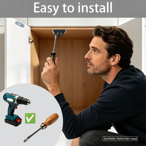 Man installing 4 Pack Black Magnetic Touch Latch Set For Cabinets Doors Drawers And Closets with screwdriver and drill
