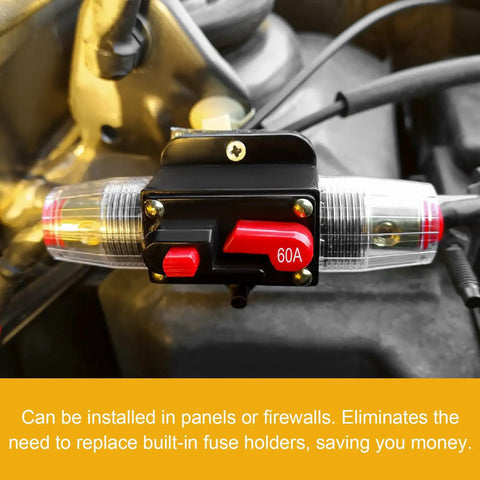 Heavy Duty 60A Manual Reset Inline Fuse Packing Knockout Overload Protection For Car Audio Stereo Solar Inverters And Rvs Beefy Circuit Breaker Ready To Roll mounted on vehicle wiring.