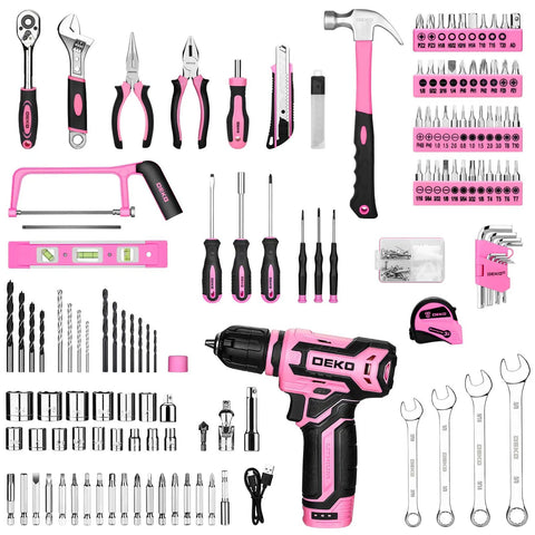 Pink Tool Kit Box Drill Set For Home DIY Enthusiasts, 12V Cordless Drill With Hand Tools, Screwdriver Socket Wrench Set visible