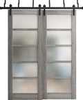 Quadro 4002 Interior Barn Bypass Sliding Doors With Frosted Glass And MDF, 84x96 Inches, Black Modern Style, Two Door Setup.