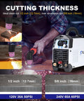 65 Amp Non Touch Pilot Arc Plasma Cutter for Home Shop Use 120 and 240V Dual Voltage with digital display in operation cutting metal.