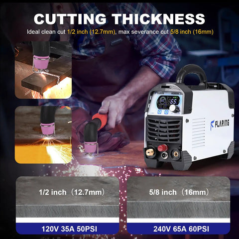 65 Amp Non Touch Pilot Arc Plasma Cutter for Home Shop Use 120 and 240V Dual Voltage with digital display in operation cutting metal.