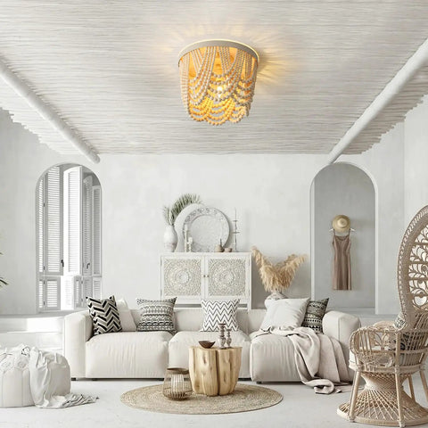 Boho Wood Beaded 3-Light Chandelier Ceiling Fixture Recessed Mounted Antique Rustic Finish in serene living room setting.