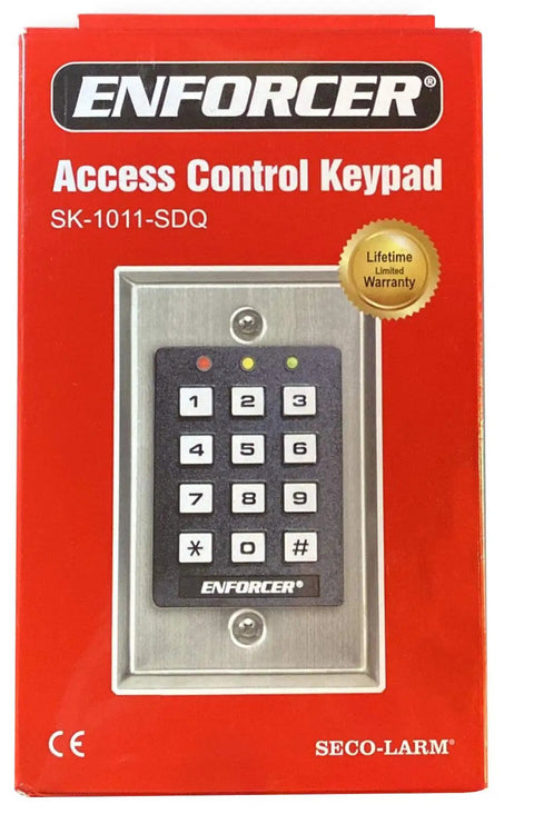 Enforcer Access Control Keypad SK-1011-SDQ With 12 Button Backlit Stainless Steel Face, Supports 1000 Permanent Codes And 50 Guest Codes, Schedule-Based Auto Disable With Built-In Clock, Egress Exit Input, And Auto-Adjusting 12-24 VDC and VAC Power