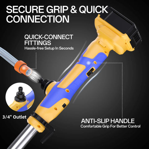 Cordless Water Transfer Pump With 20V Max Battery, 32 Ft Lift, quick-connect fittings, anti-slip handle, close-up view