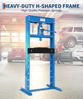 Badass 20 Ton Heavy Duty Hydraulic Press H Frame Garage Shop Beast with height adjustable worktable in automotive workshop.