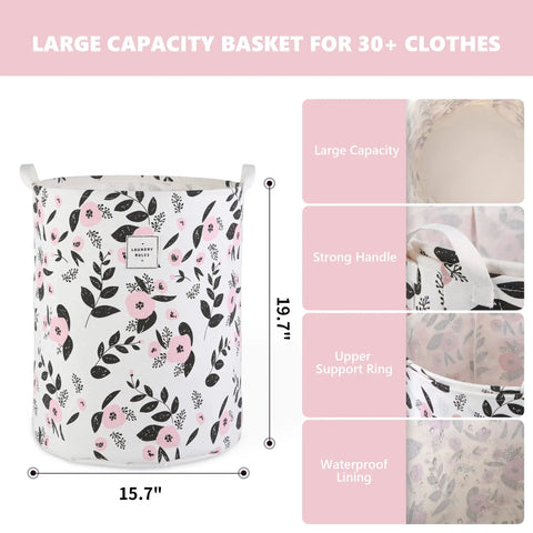 Foldable Laundry Basket Hamper With Handles, Portable Tall Collapsible Canvas Bin With Waterproof Lining, Floral Pink Nursery Design