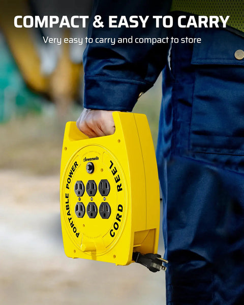 Person holding 30 Ft Retractable Extension Cord Reel with 4 Grounded Outlets, Easy Hand Wind No Fuss Design