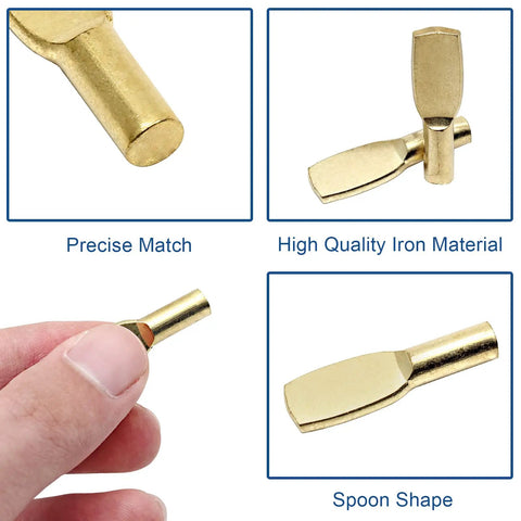 Heavy Duty Gold Plated Shelf Pegs 30 Piece Set 6mm Spoon Support Pins showcasing a detailed spoon shape and quality iron material.