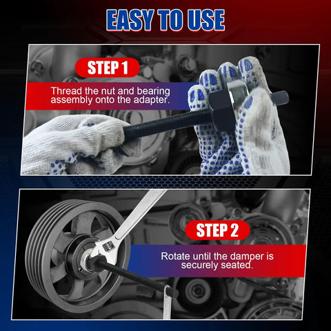 Harmonic Balancer Installer Kit With Long Reach Adapters And Nut, Underdrive Pulley Damper Tool Set in use in two-step process