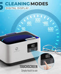 Powerful 45KHz Cleaner With 20oz Capacity And Cleaning Basket, 304 Stainless Steel Tank, 5 Modes shown with digital display and glasses