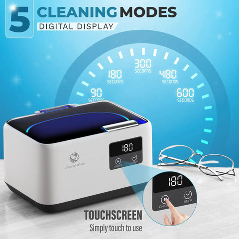 Powerful 45KHz Cleaner With 20oz Capacity And Cleaning Basket, 304 Stainless Steel Tank, 5 Modes shown with digital display and glasses
