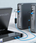 One Pack Usb Hdmi To Rj45 Kvm Dongle Adapter connects servers via blue cables for console management in a sleek setup.