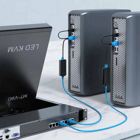 One Pack Usb Hdmi To Rj45 Kvm Dongle Adapter connects servers via blue cables for console management in a sleek setup.