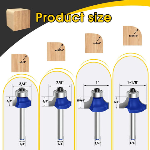 Four Pack Blue Round Over Router Bit Set With 1/4 Inch Shank Radii 1/8, 3/16, 1/4, 5/16 Inches For Woodworking, size diagram