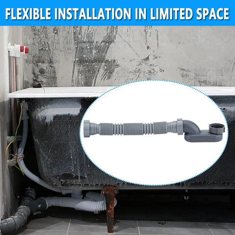 Low Profile 1 1/2 Inch P Trap With Flexible Bathtub Drain Pipe installation under freestanding tub showcasing space saving