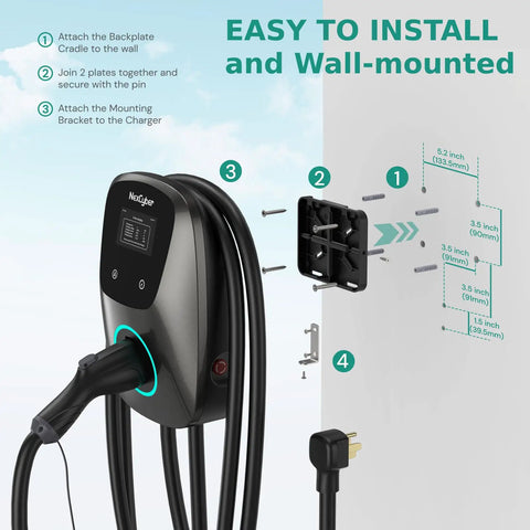 Wall-mounted Level 2 EV Charger With WiFi App And Plug In And Go 48 Amp Hardwired Or 38 MPH On NEMA 14 50 Plug assembly guide.