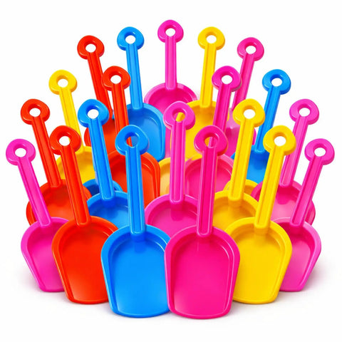 24 Pack Beach Shovels For Kids And Adults Heavy Duty Plastic Sand Toys Set in vibrant colors for sandcastles and snow play.