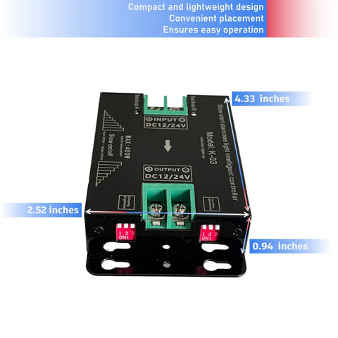 2 Wire PLC Motion Sensor Controller for Staircase and Hallway LED Lights With 12V And 24V Operation Linear Sensing Reduces False Triggers Adjustable Brightness And Delay Off Easy Install For Home Office Or Garage Lighting Projects. black 2-wire DC12/24V controller with mounting bracket and 4.33-inch length