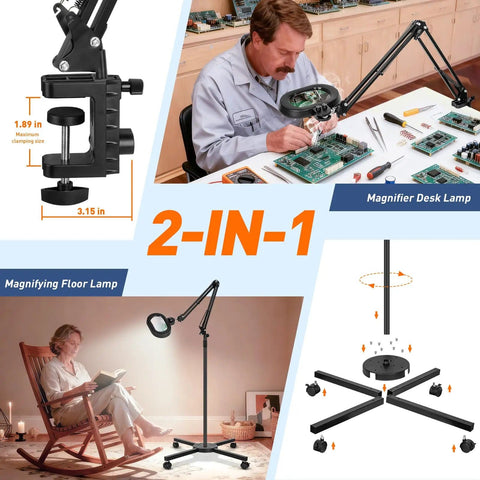 2-in-1 magnifier lamp; desk mount for circuit board work, floor use for reading; 12x Large Floor Magnifying Glass With Light And Stand For Up Close Work.