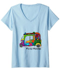 Women's Relaxed Fit V Neck T Shirt Displaying Retro Rickshaw Illustration Legit Desi Swag For Diwali And Holi Celebrations, blue color.